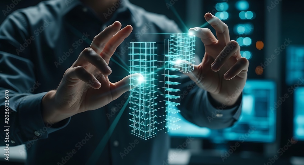 Fototapeta premium man interacting with futuristic digital interface in dark room