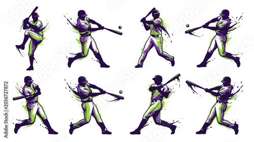 Baseball Player Swinging Bat Dynamic Action Sports Illustration