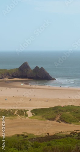 UK Coastal Travel: Scenic Panorama of Three Cliffs Bay, Wales | 4K Vertical Video