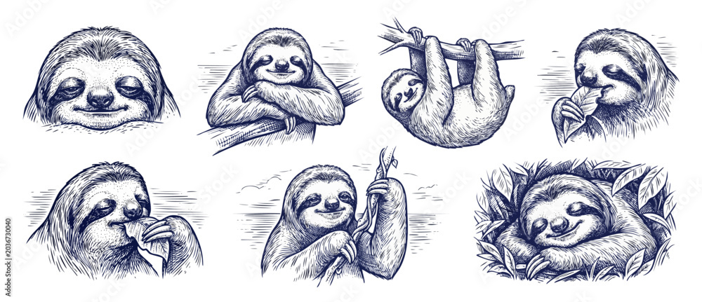 Fototapeta premium Sloth hand drawn illustration set of cute sloths climbing, hanging on branches, sleeping, and eating leaves in vintage blue ink engraving style; isolated graphic design element bundle.