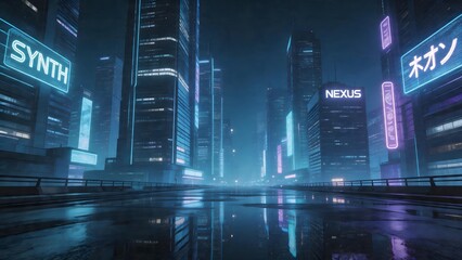 Futuristic cityscape with neon signs