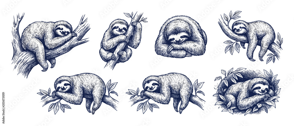 Fototapeta premium Sloth drawing engraving illustration set sleeping and hanging on branches in cute lazy poses, isolated ink line art sketch vector for tropical forest wildlife and animal design elements.