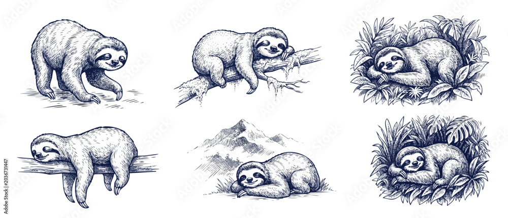Obraz premium Sloth drawing vintage engraving set featuring cute sloths sleeping on branches and resting in tropical jungle leaves, set of hand drawn ink sketches for animal wildlife designs and prints.