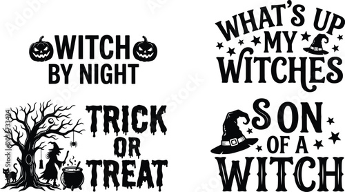 Fotografía Halloween typographic designs with witch hats and spooky tree black vector illus