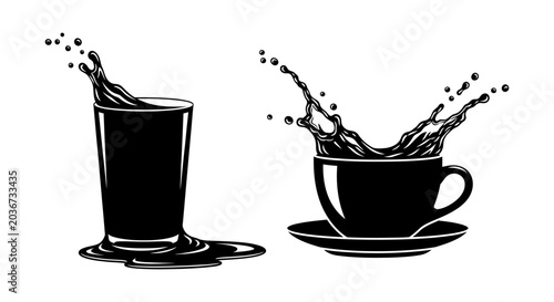 Tableau sur toile Coffee Splash In Glass And Cup Black Silhouette On White Background