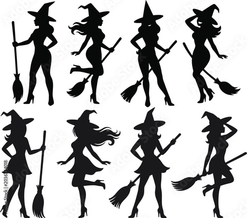 Tableau sur toile Witch silhouettes with broomsticks on a white background