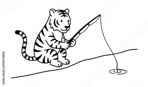 Tableau sur toile Cute Tiger Character Fishing with a Rod Line Art Coloring Page