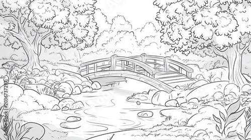 Sketchy forest stream with bridge