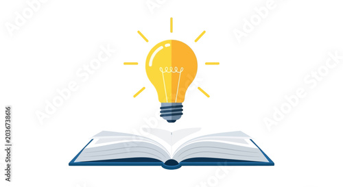 Light bulb above open book flat vector illustration on white background