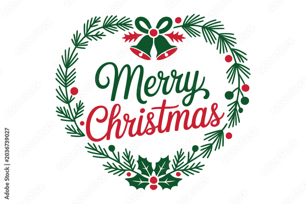Fototapeta premium Merry christmas wreath illustration with holly berries and festive bells, christmas