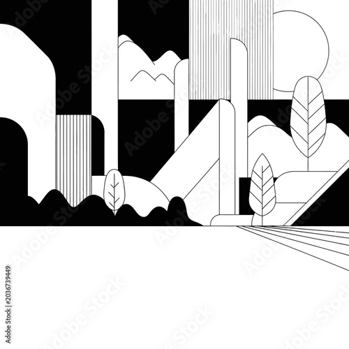 Abstract black and white geometric nature landscape illustration.