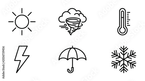 Weather forecast and meteorology thin line icons set.