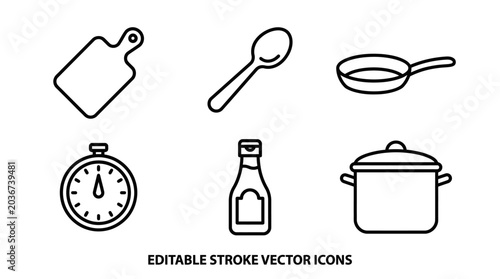 Cooking utensils and kitchenware line icon set