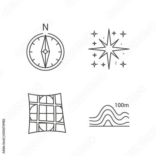 Set of travel navigation and mapping line icons.
