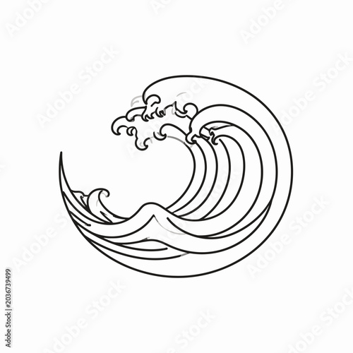 Stylized rolling sea wave line drawing icon.