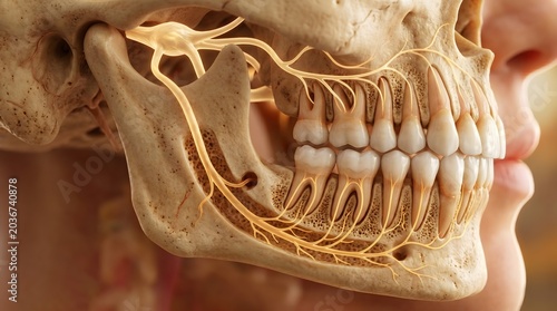 Human jaw cross section showing tooth root nerve pathway and molar anatomy in skull