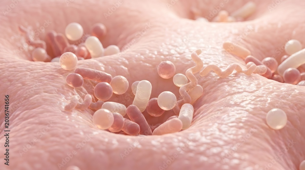 Fototapeta premium Microscopic view of skin microbiome bacteria and spherical cell on pink textured surface