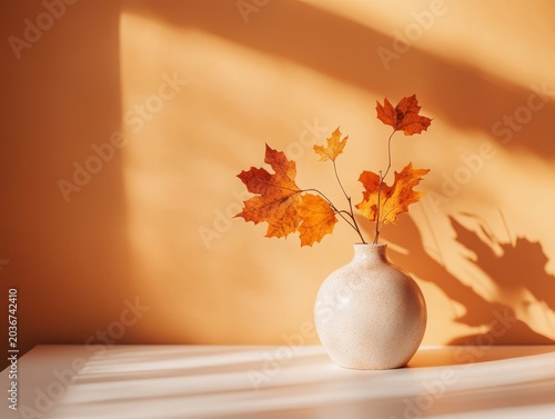 A vase with fall leaves sits on a white table. The background is orange, creating nice shadows. It's a simple, cozy autumn scene with space to add your own text or product.
