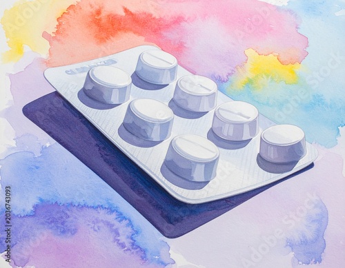 Blister pack of white medicine tablets on a colorful abstract watercolor background, close-up healthcare concept, pharmaceutical product illustration
