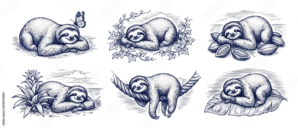 Fototapeta premium Sloth engraving vector illustration set of cute lazy sloths sleeping in hammock and climbing trees. Vintage woodcut style hand drawn sketch clip art elements for tropical forest nature design.