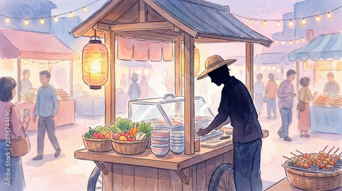 Watercolor street food cart concept food vendor market scene evening lantern light fresh vegetables steaming food people walking outdoor market casual atmosphere