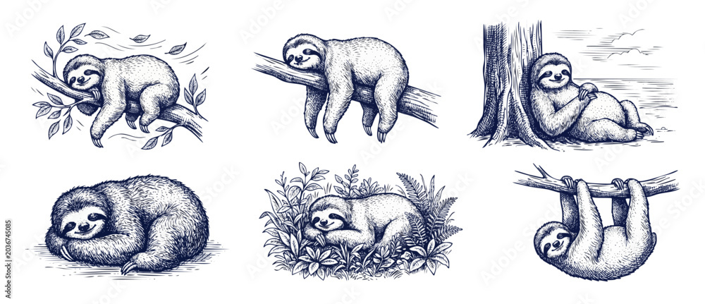 Fototapeta premium Cute sloth sketch collection hand-drawn elements featuring sloths sleeping, hanging, and resting on tree branches in vintage engraving line art style isolated on white background for creative designs.