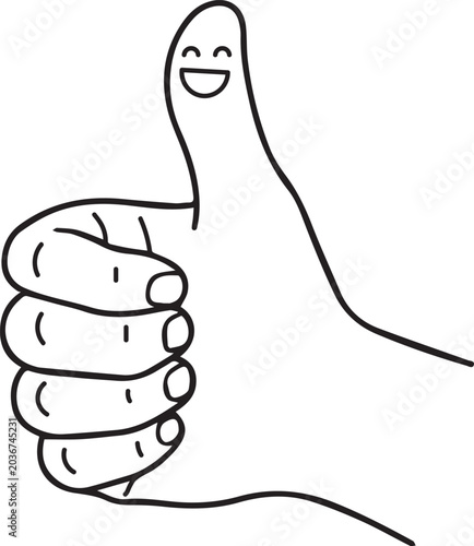 Konstfotografi Hand drawn line art illustration of a thumbs up gesture with a smiling face on t