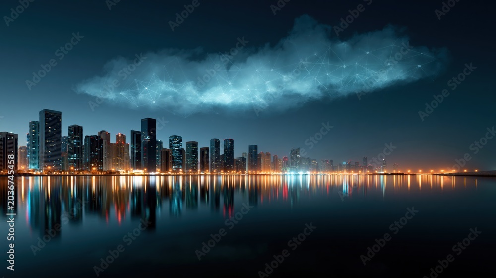 Obraz premium Panoramic skyline at night with glowing digital cloud above coastal city for futuristic background and banner design