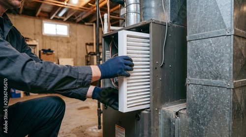 HVAC technician replacing dirty air filter in furnace. Man performing routine maintenance on home heating and cooling system