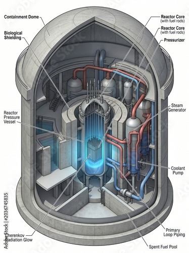 Nuclear power plant diagram. Explaining complex atomic energy systems. Scientific efficiency.