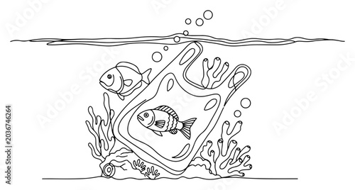 Schilderij op canvas Fish trapped inside plastic bag underwater near coral reef in continuous line ar