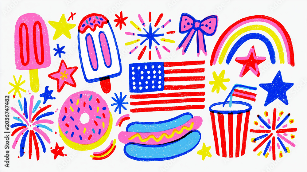 Obraz premium Fourth of July Celebration Icons: A vibrant collection of festive icons representing the Fourth of July, including fireworks, ice pops, a donut, a hot dog, an American flag, and a celebratory drink.