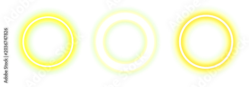 Three glowing neon circles with vibrant yellow and gold light effects on a white background