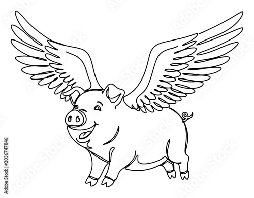 Schilderij op canvas Flying pig with large feathery wings in minimalist line art style