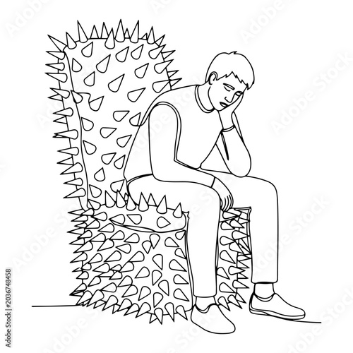 Tableau sur toile Man sitting on a painful spike throne looking sad in continuous line art style