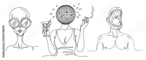 Quadro em tela Surreal figures with disco ball head and alien features in continuous line art s