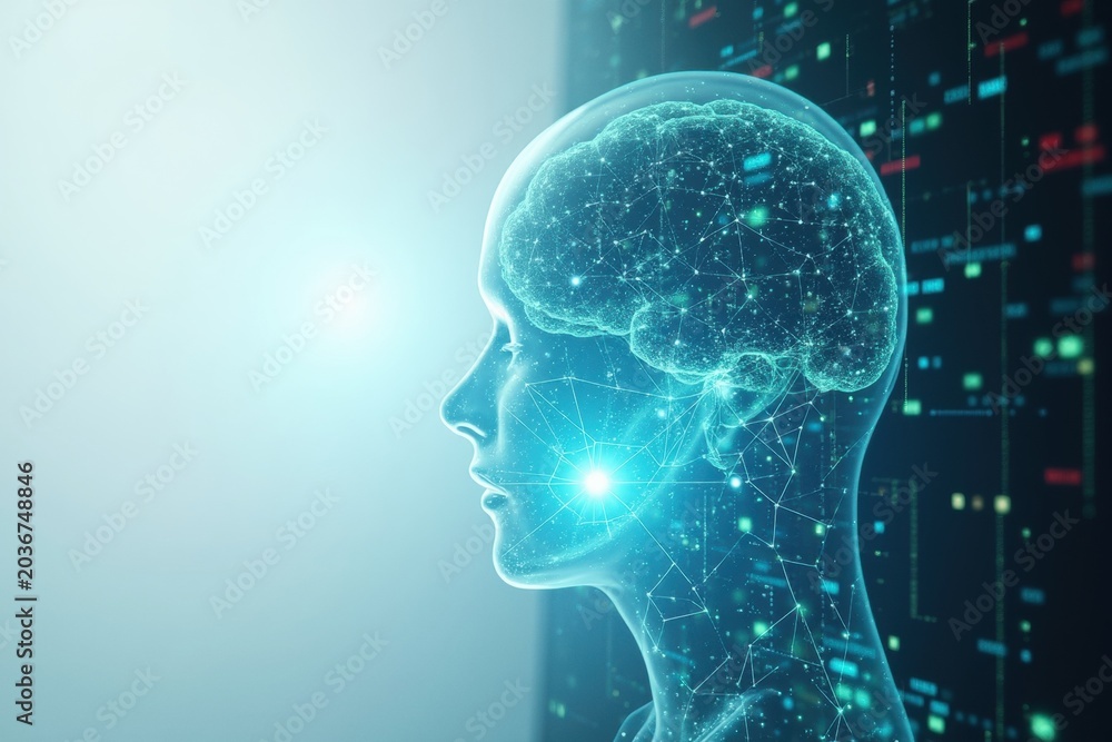Obraz premium Artificial Intelligence Mind with Neural Network and Digital Data Background