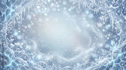 Fantasy winter background with ice frame and frozen crystals. Magical snowy border with snowflakes and icicles. Festive season illustration for holiday greeting card