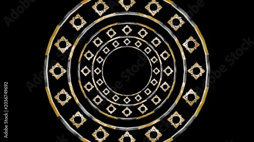 Seamless loop of abstract luxury Thai traditional ornament background. Golden and silver geometric circular pattern rotating on black background. Elegant culture motion graphic.