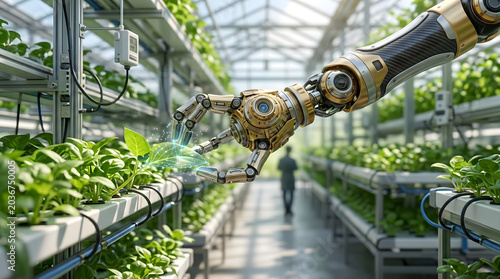 Advanced robot arm monitors plant health in high-tech vertical farm greenhouse automated agriculture technology futuristic.