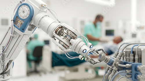 Advanced robotic arm in sterile operating room assisting in patient care during medical procedure high tech healthcare innovation.