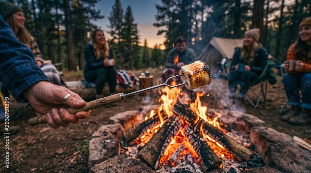 Fototapeta premium Man roasting marshmallow over campfire with friends at campsite. Group of people camping in forest during twilight