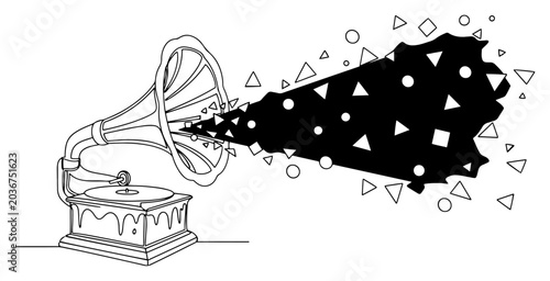 Obraz na plátně Vintage gramophone playing sound represented by floating geometric triangles and