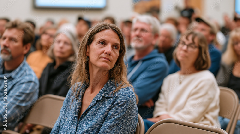 Obraz premium Crowded urban community center hosts a free aurora forecast workshop, local library staff and amateur astronomers presenting geomagnetic storm prediction tools to residents of all ages, folding chai