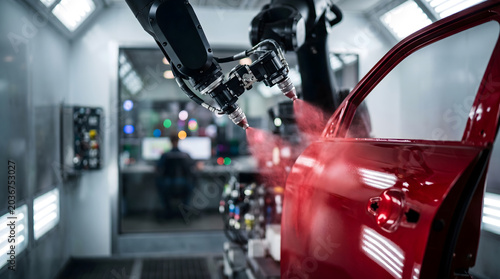 Industrial robot arm spraying red paint on car door in automated manufacturing factory for automotive production line technology.