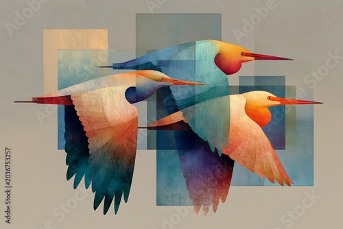 Abstract geometric illustration of three birds in flight, showcasing a modern and colorful composition with vibrant gradients and stylized shapes.