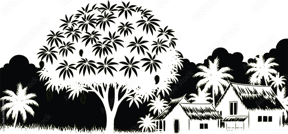 Fototapeta premium Simplified Village with a Large Tree