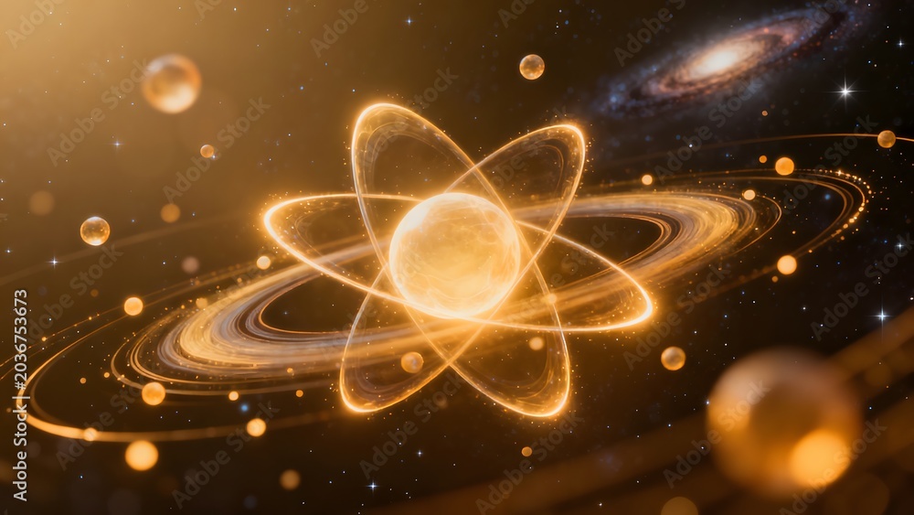 Obraz premium Cosmic atom with orbiting spheres