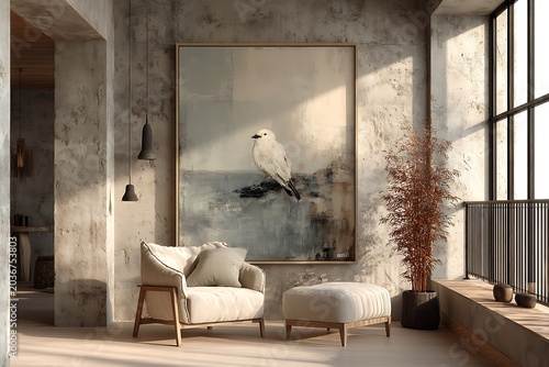 A serene and minimalist living room featuring a bird painting, comfortable armchair, and natural light creating a cozy atmosphere.