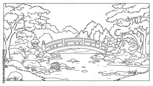 Japanese garden scene with arched bridge